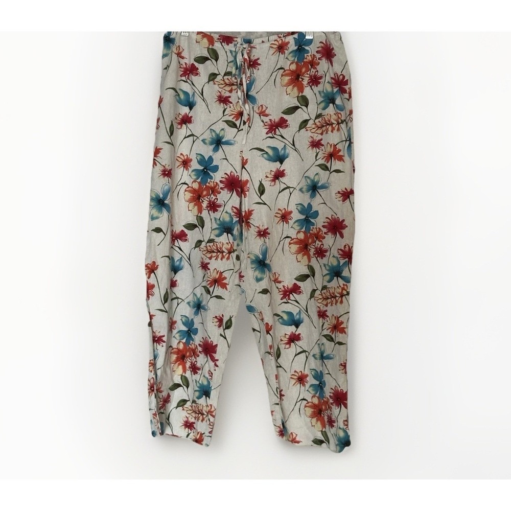 Women's Linen Blend Floral Pants Large Boho‎ Cottagecore Summer Drawstring